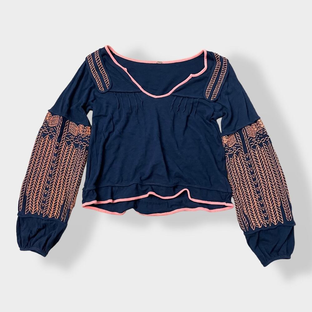 Women's Navy Blue Embroidered Peasant Top - Pink Trim